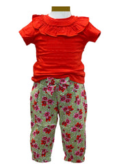 Ruffle Collar Top and Floral Print Pants