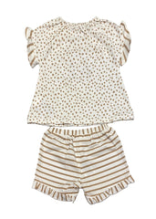Beige Polka Top and Stripe Pattern Printed Short Set