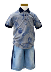 Blue Gray Sea Creatures Theme and Denim Top and Shorts Set