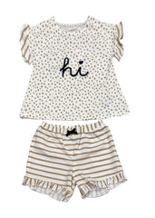 Beige Polka Top and Stripe Pattern Printed Short Set