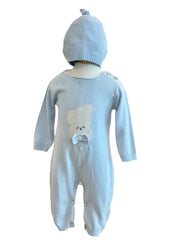 Blue Knitted with Bear Embroidery Romper Set