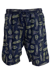 Navy Blue Green All Over Nautical Blueprint Swim Shorts