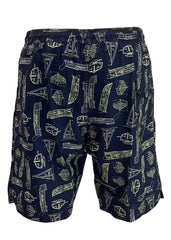 Navy Blue Green All Over Nautical Blueprint Swim Shorts