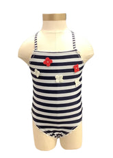 White Navy Blue Stripes Flower Applique Swimsuit