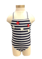 White Navy Blue Stripes Flower Applique Swimsuit