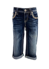Denim Blue Studded Cuffed Capri Quarter Pants
