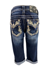 Denim Blue Studded Cuffed Capri Quarter Pants
