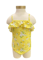 Yellow Checkered Sunflower Print Swimsuit