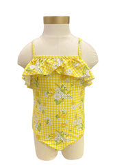 Yellow Checkered Sunflower Print Swimsuit