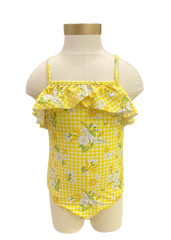 Yellow Checkered Sunflower Print Swimsuit