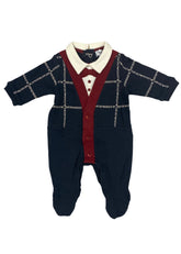 'Emporio Armani' Square Pattern with Burgundy Bow Tie Romper Suit