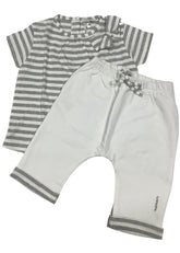 White Gray Striped Ribbon Top and Trousers Set