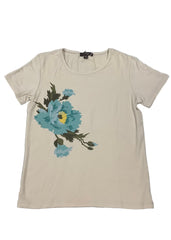 Beige Blue Green Flower Print Short Sleeve T-Shirt