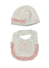 'EA' Ribbon Print Ruffled Hat and Bib
