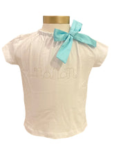 White Green Jewel Neckline Tee with Green Bow Short Sleeve T-Shirt