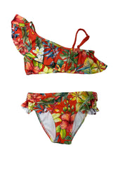 Two-Piece Orange Ruffled Swimsuit with Cover-Up Dress