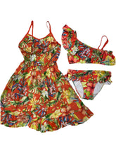 Two-Piece Orange Ruffled Swimsuit with Cover-Up Dress