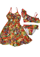 Two-Piece Orange Ruffled Swimsuit with Cover-Up Dress