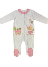 Pink Little Girl Flower Basket Embroidery Romper