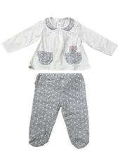 Bear Embroidered and Polka Design Top and Pants Set