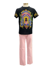 Pink Black Multi Baroque Floral Pattern Print Rodeo Drive Top and Trousers Set