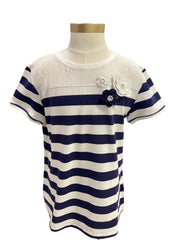 White Navy Blue Stripe Top with Flower Short Sleeve T-Shirt