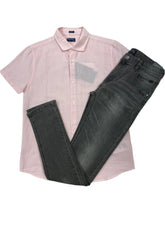 Gray Pink Plain Linen and Washed-Off Jeans Top and Trouser Set