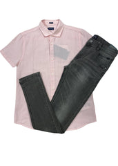 Gray Pink Plain Linen and Washed-Off Jeans Top and Trouser Set