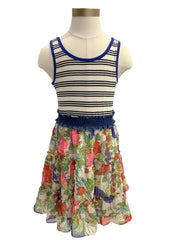 Floral with Blue Bow Like Back Design Dress