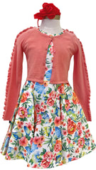 Orange Green Floral Print Dress Set