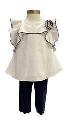 Elsy White Navy Blue Top and Leggings Set