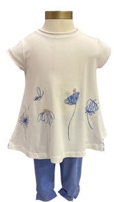 Embroidered Blue Flower Top and Leggings Set