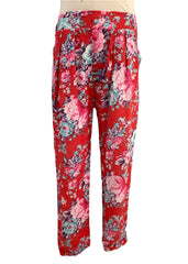 Soft Red Pleated Floral Pattern Trouser