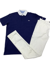 White Navy Blue Printed Collar Design Top and Trouser Set