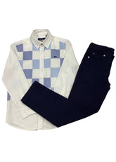 Navy Blue White Blue Checkered Design Top and Trouser Set