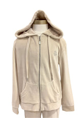 Beige Velour Kitty Print Hoodie Jacket