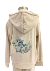 Beige Velour Kitty Print Hoodie Jacket