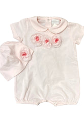 Pink Floral Applique Shortie Baby Grow with Hat