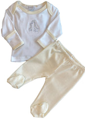 White Giraffe Embroidered Footed Pants Set