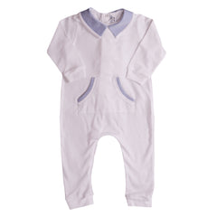 White Blue Checkered Collar with Front Pocket Babygrow 1