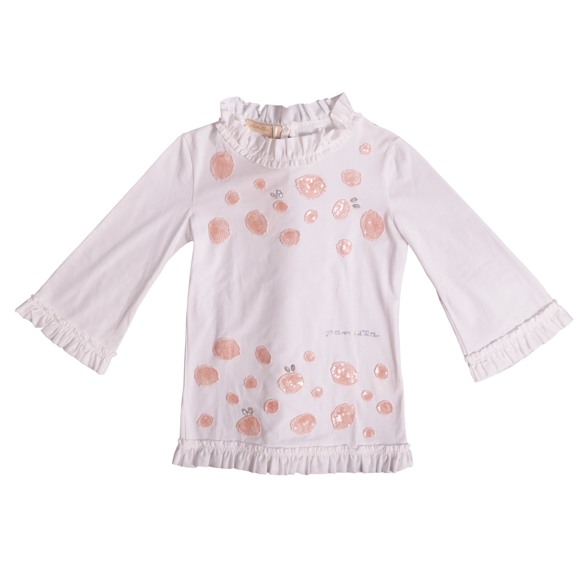 White Emroidered Pink Polka Long Sleeve T-Shirt 1
