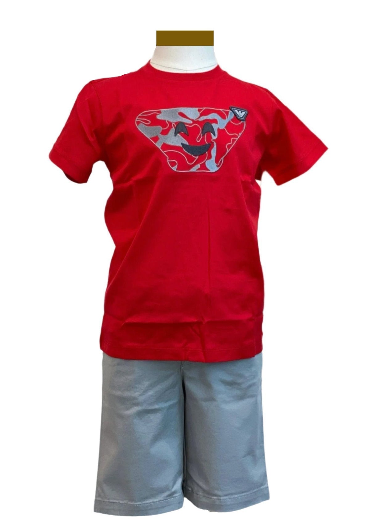 Embroidered Red Camouflage Smiley with 'GA' Logo Top and Short Set