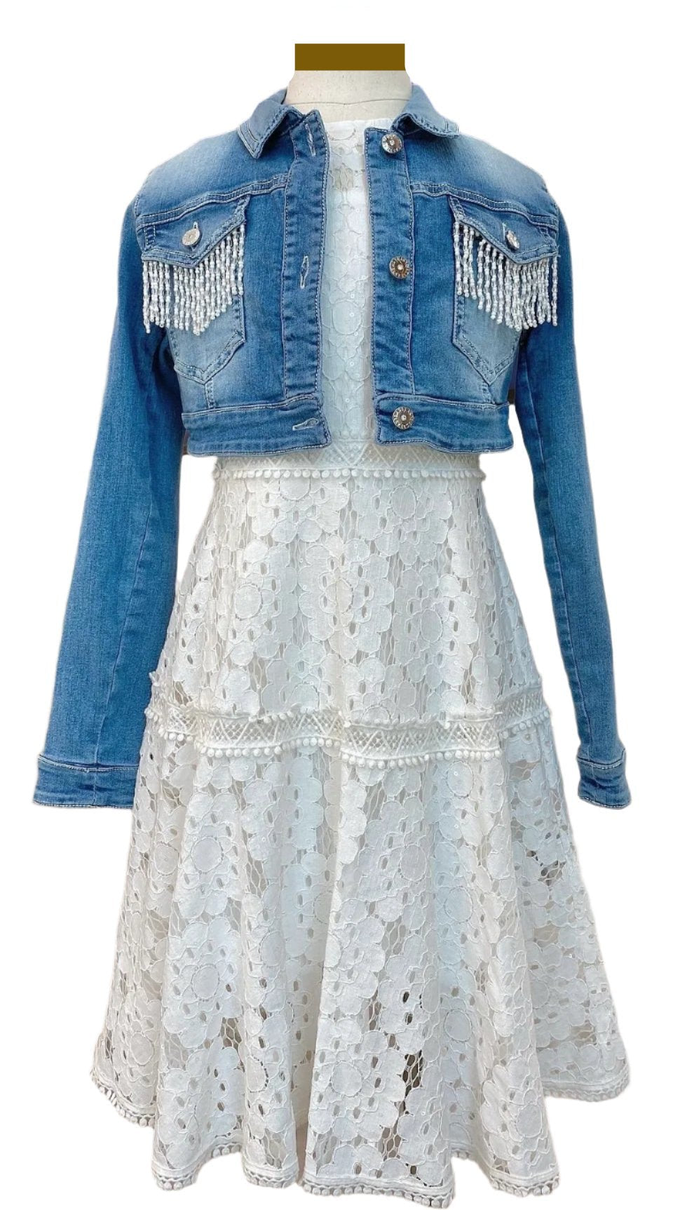 Sleeveless Lace Dress with Denim Jacket