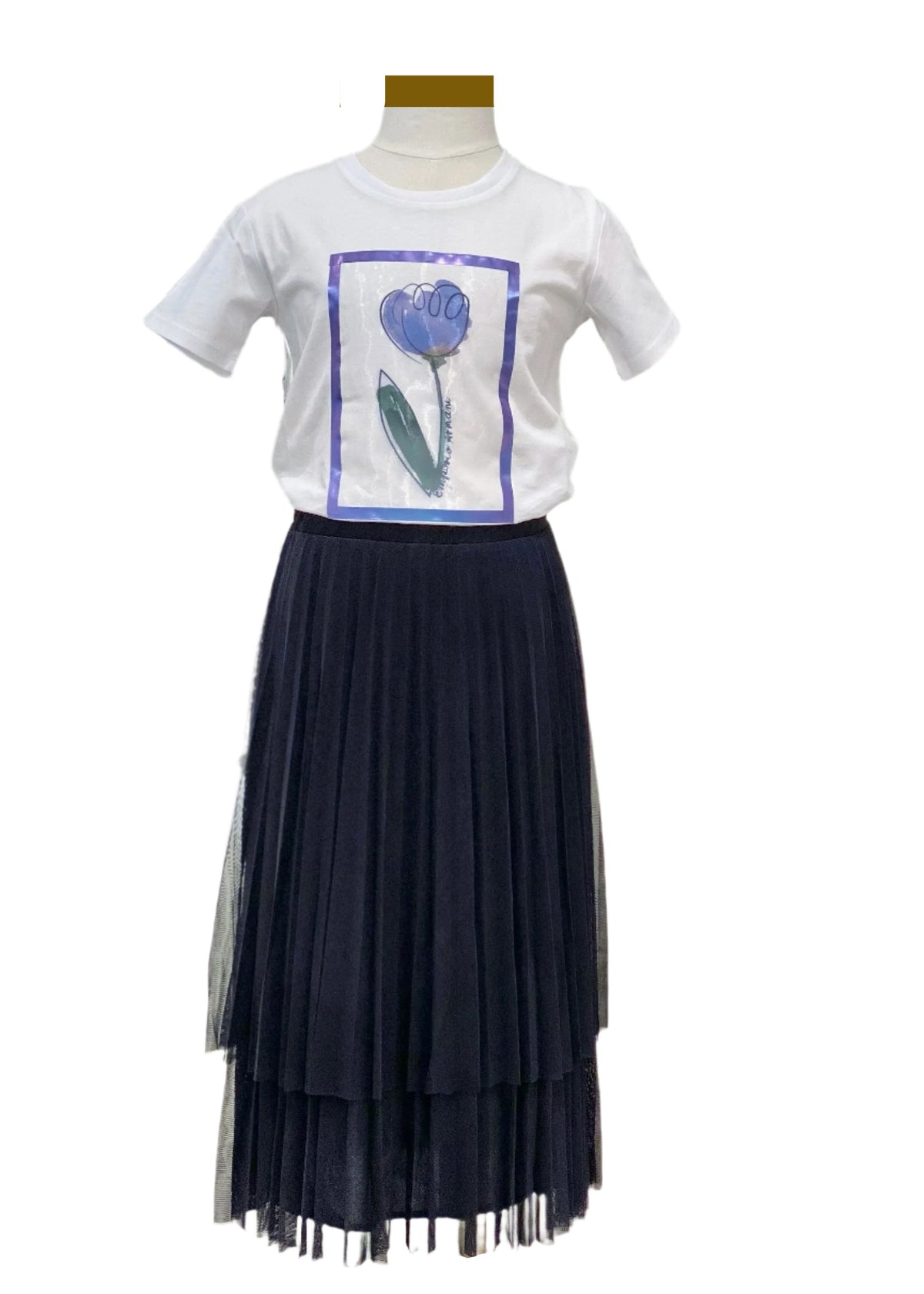 Purple Flower Frame Print Organza T-Shirt and Skirt Set