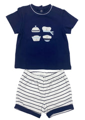 Mayoral Sailor Hat Embroidered Short Sleeve Top and Stripe Short