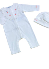 Embroidered Floral Romper Suit and Hat Set