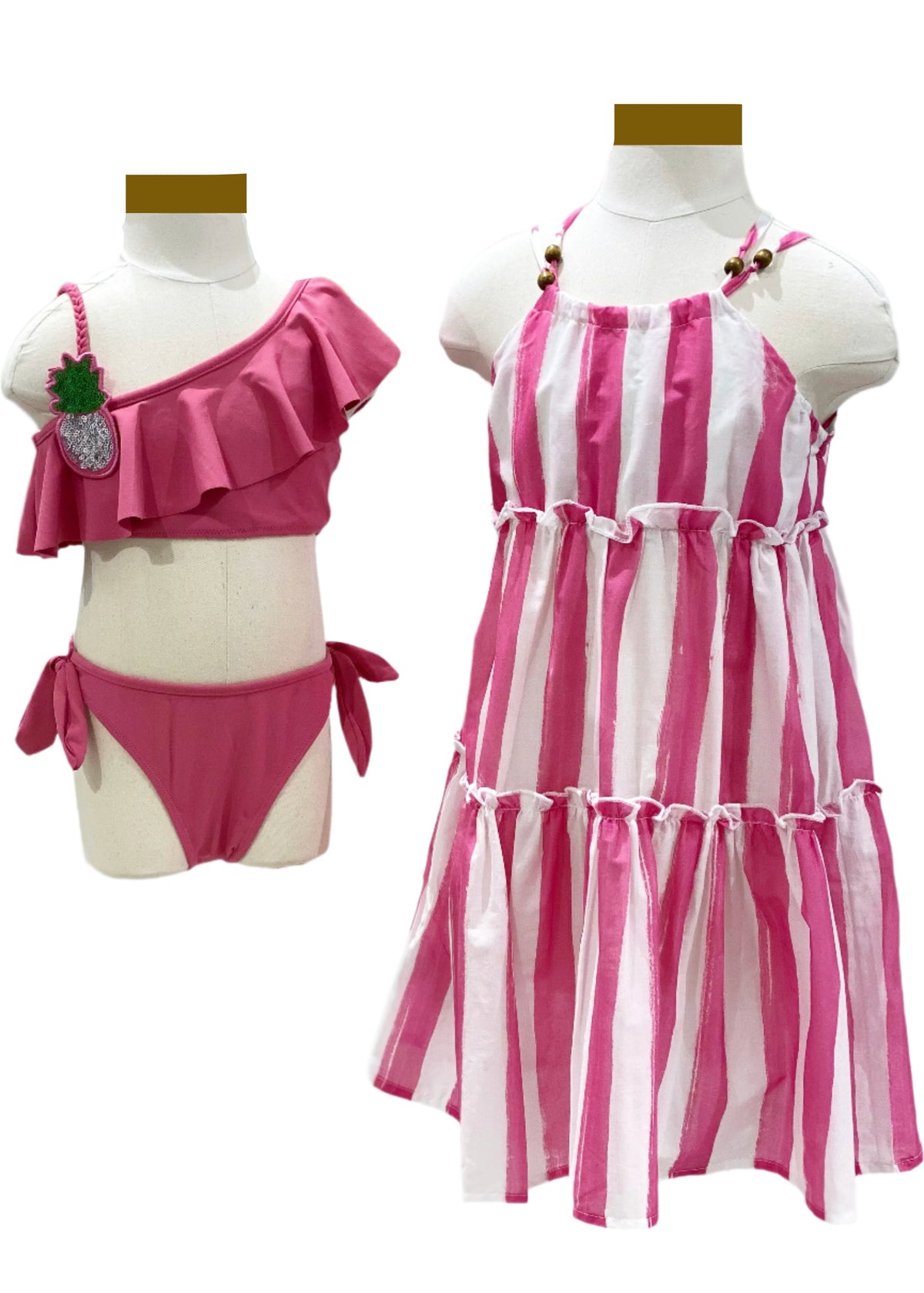 Cover-up Stripe Pink Dress and Two-Piece Beachwear Set