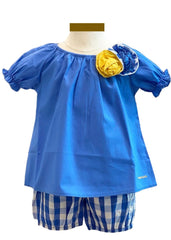 Blue Top Floral Applique and Short Set with Hat