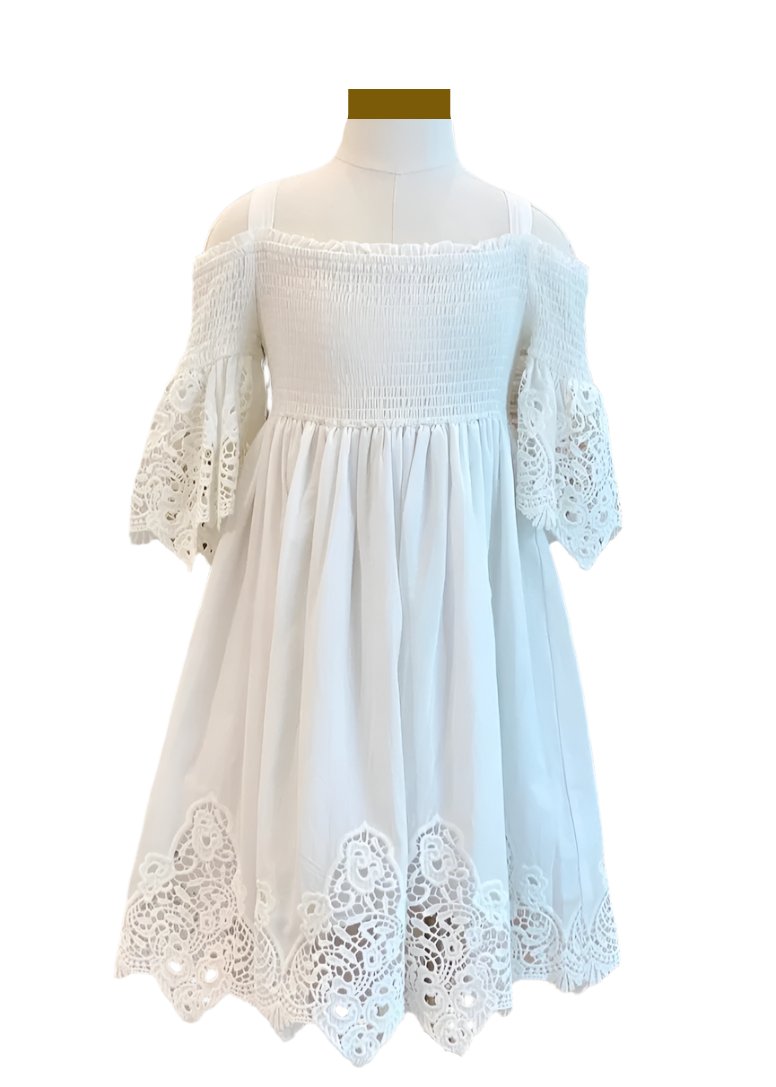 Shirred Embroidered Off Shoulder Dress