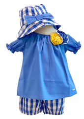 Blue Top Floral Applique and Short Set with Hat